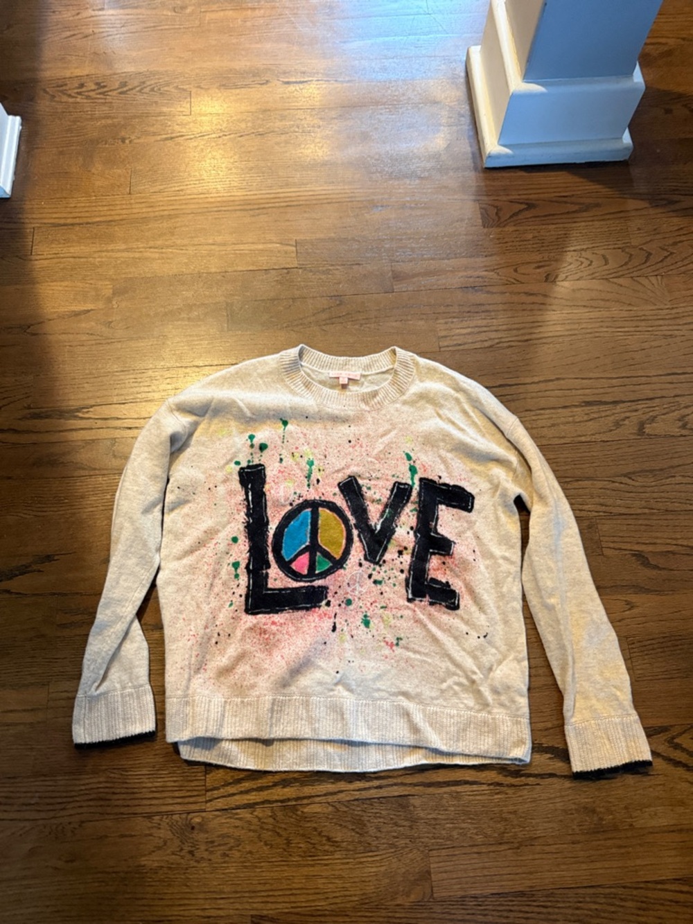 Lisa Todd Cream Sweater with Black LOVE Graphic and Multicolor Peace Sign